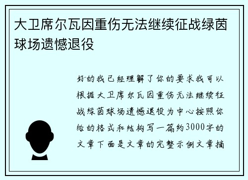 大卫席尔瓦因重伤无法继续征战绿茵球场遗憾退役