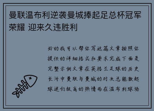 曼联温布利逆袭曼城捧起足总杯冠军荣耀 迎来久违胜利