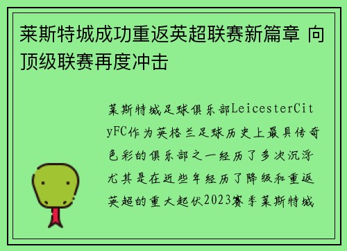 莱斯特城成功重返英超联赛新篇章 向顶级联赛再度冲击